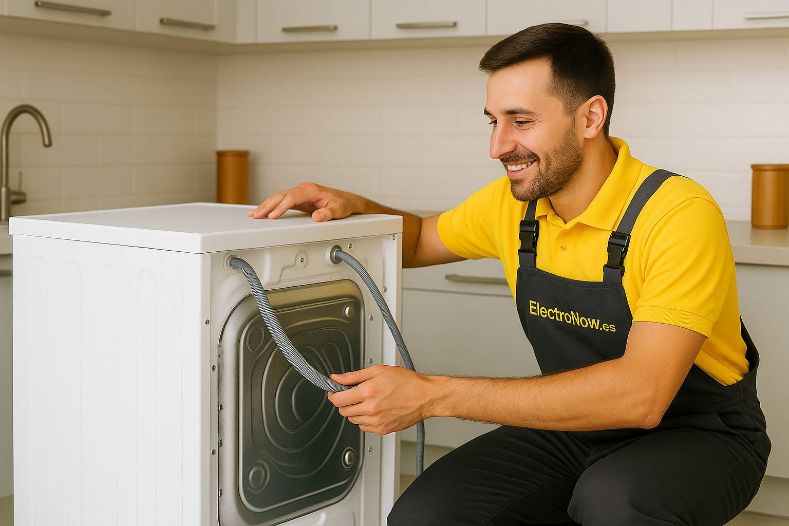 Técnico de ElectroNow instalando lavadora en domicilio con servicio premium