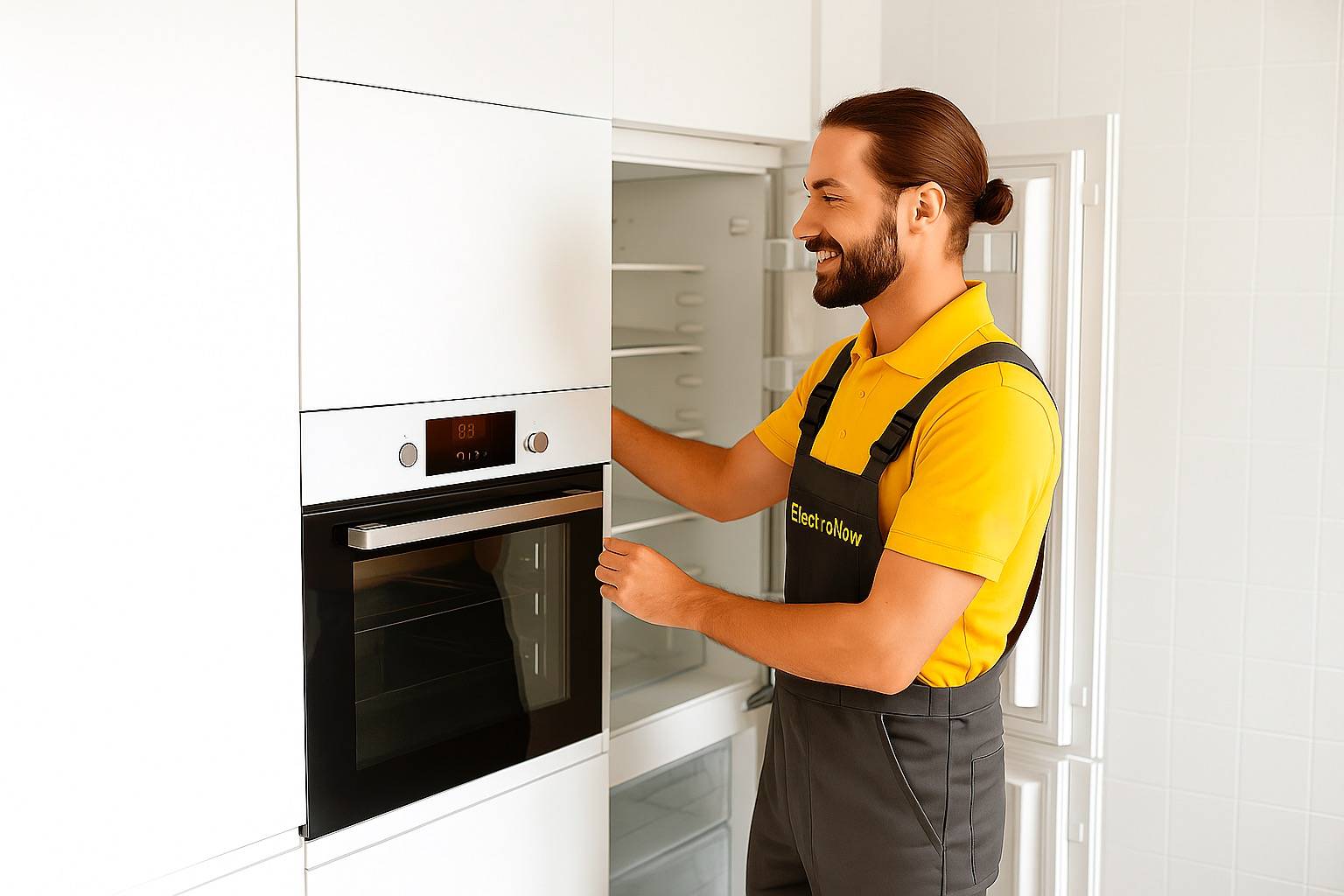 Técnico de ElectroNow instalando frigorífico en domicilio con servicio premium